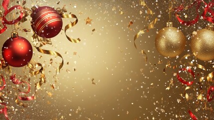 Festive Christmas Ornaments with Gold and Red Decoration on Shimmering Golden Background