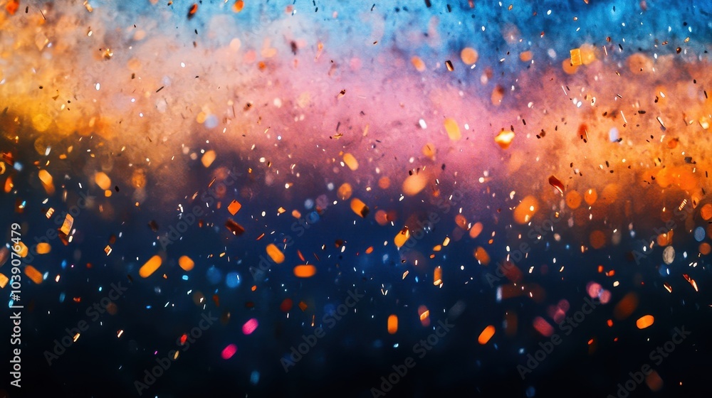 Poster sparkling confetti explosion against colorful sky at twilight with bokeh effects