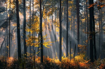 Obraz premium A photo of an autumn forest with sunlight shining through the leaves,...