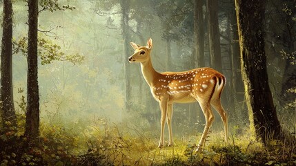 A serene scene unfolds in a dense forest, illuminated by soft, diffused light filtering through the trees. In the foreground stands a young deer, its coat a warm fawn color with distinct white spots. 