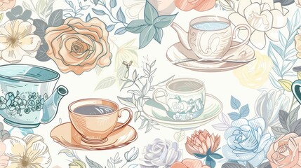 Vintage Tea Party Pattern with Floral Elements