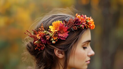 Naklejka premium A young woman is captured in profile, adorned with a vibrant floral crown composed of various autumn-hued flowers, including yellows, pinks, and deep reds. Her long, flowing hair cascades gently over 