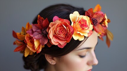 A close-up of a young woman's profile, showcasing her elegant hairstyle adorned with a floral crown made of vibrant artificial flowers in shades of orange, yellow, and deep red. The intricate design o