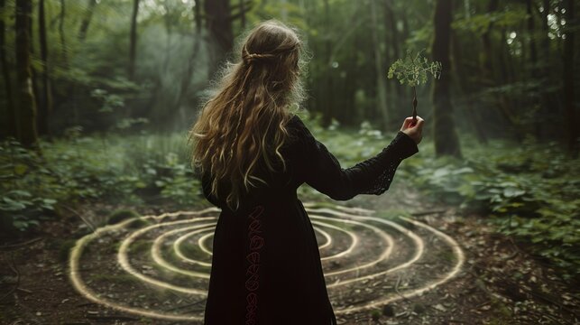 A Wiccan priestess casting a circle in a forest, with a wand and protective...