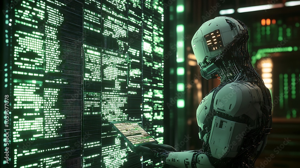 Poster robot analyzing code in futuristic server room