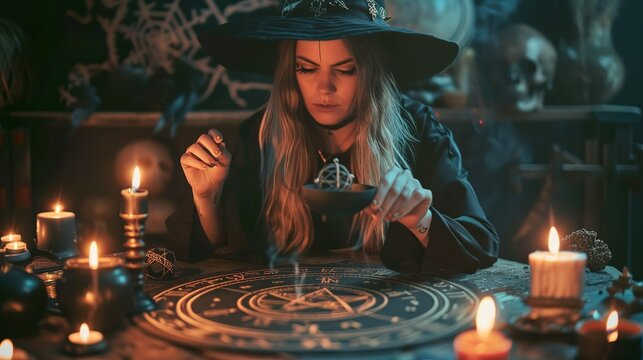 A witch practicing scrying with a dark mirror, surrounded by candles and...