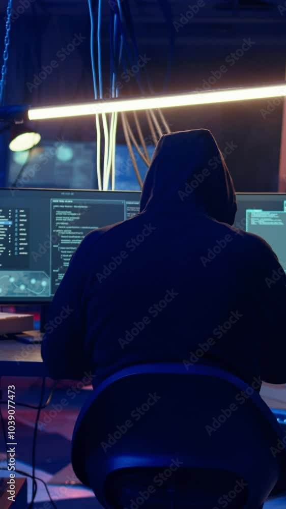 Poster vertical video rogue hacker using computer in abandoned basement with graffiti drawings on walls. ma
