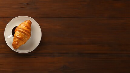   A croissant on a white plate on a wooden table beside a cup with a spoon