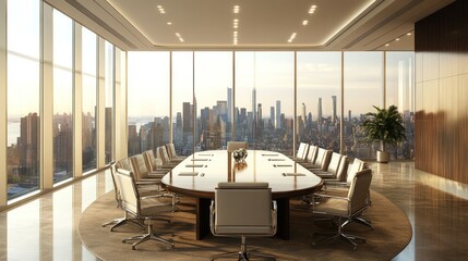 A modern conference room with an oval table and chairs, featuring a panoramic city view.