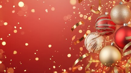 Festive Christmas Ornament Cluster with Sparkling Golden Ribbon on Red Background