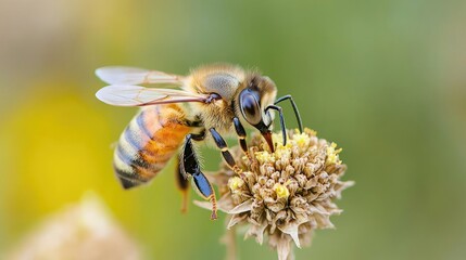Bee collecting nectar from a flower, vibrant nature background.
