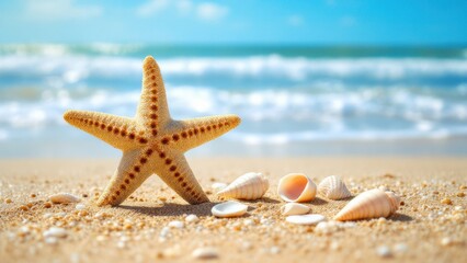 Seashells and Starfish on sandy Beach, ocean waves in the background