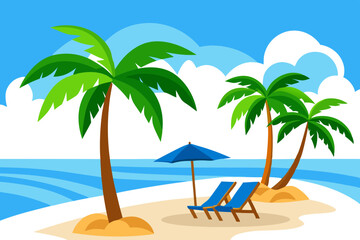 Coconut trees and beach couches with blue sky. Landscape photo of Coconut trees and couches on white sand beach with blue sky
