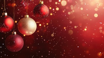 Beautiful Red and Gold Christmas Ornaments with Festive Bokeh Lights on Vibrant Holiday Background