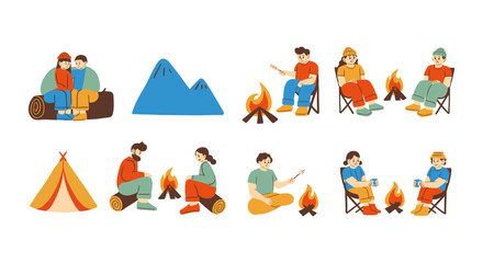 Cozy Campfire Moments Outdoor. A illustrations people enjoying campfires, perfect for projects about camping, travel, and nature. Includes group gatherings, solo moments, and mountain landscapes