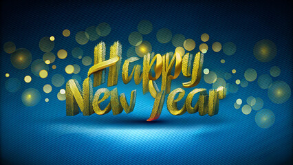 Happy new year text on bokeh lights and dark blue