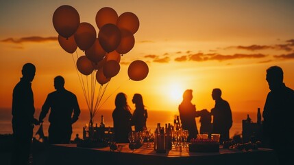 Fototapeta premium Silhouettes of people at a party at sunset with balloons in the air.