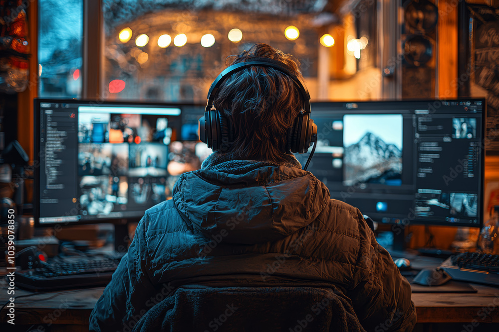 Poster workers using dual monitors, noise-canceling headphones, and video conferencing tools represent the 