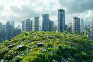Obraz premium A city implementing green roofs on buildings, improving air quality and reducing energy consumption. Concept of urban design.