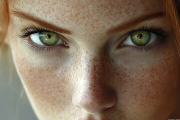 Fototapeta premium Emerald Gaze: Close-up portrait of a woman with striking green eyes and freckles. The image emphasizes the details of her face, creating an intimate and captivating mood. 