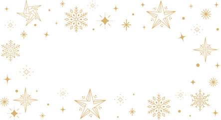 Golden stars and snowflakes in minimalist line art style, arranged on white background with plenty of space, elegant and festive frame