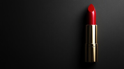 Red lipstick tube standing upright on a solid black background with copy space
