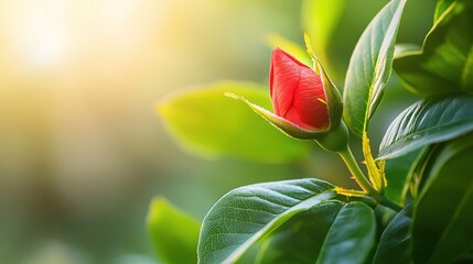  A vibrant red blossom rests atop a verdant foliage-covered canopy brimming with lush greenery