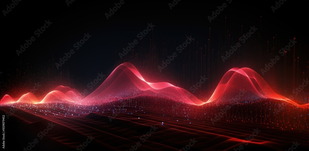 Poster glowing red wave pattern ebbing across a dark backdrop