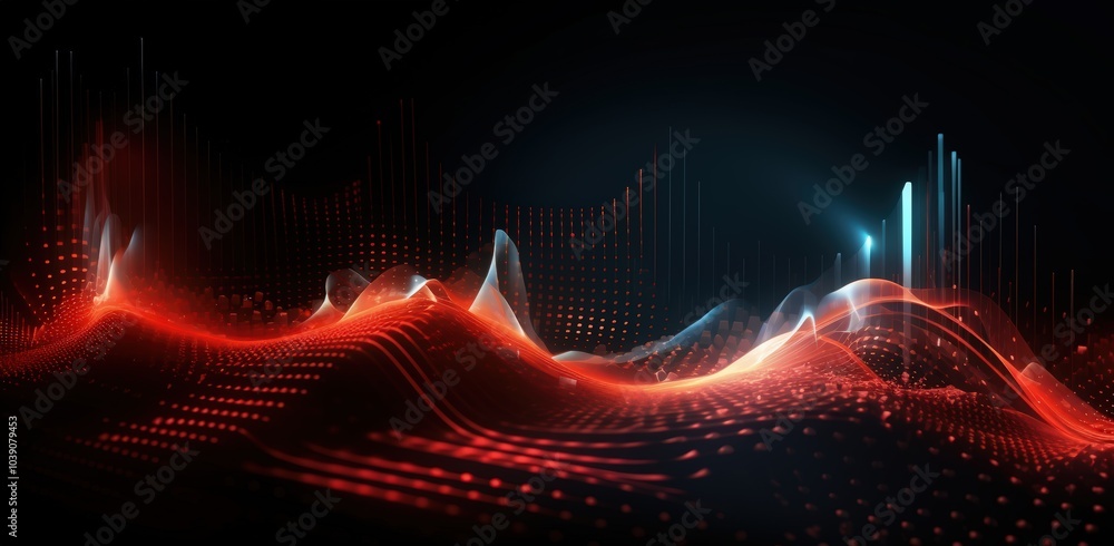 Poster glowing red wave pattern ebbing across a dark backdrop