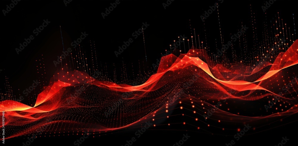 Poster glowing red wave pattern ebbing across a dark backdrop