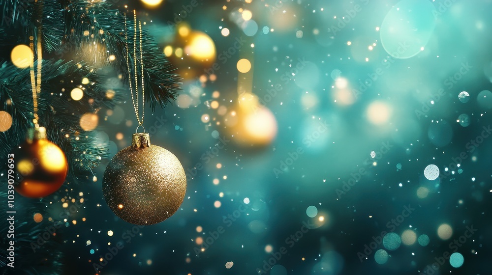 Poster golden christmas ornaments on pine tree with sparkling bokeh and festive lights in the background