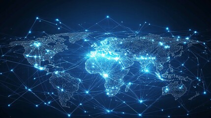 A glowing digital world map with interconnected lines, representing global network communication.