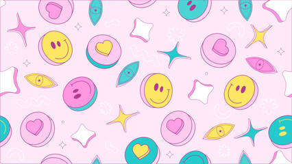 Happy sign faces and stars, hearts seamless pattern. Vector illustration in 90s graphic pink color