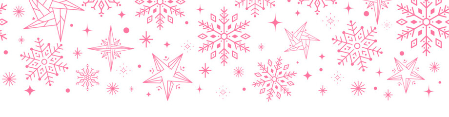 Christmas border with pink snowflakes and stars on isolated background