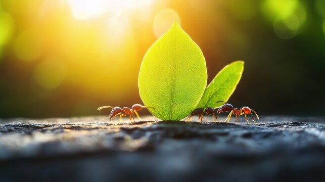 Close-up of a ants carrying leaves back to build their nest, sunlight background
