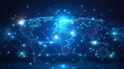 Obraz premium A digital representation of the Earth with glowing lines and points connecting continents.