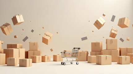Floating Parcel Boxes and Shopping Carts - 3D Online Shopping Concept with Copy Space