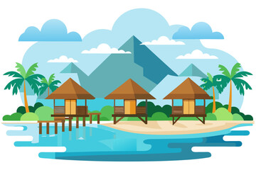 Panoramic view on water villas at tropical resorb