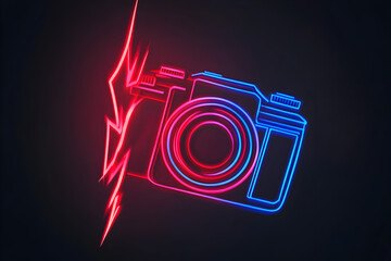 Neon red and blue silhouette of camera flash struck by lightning bolt isotated on black background.