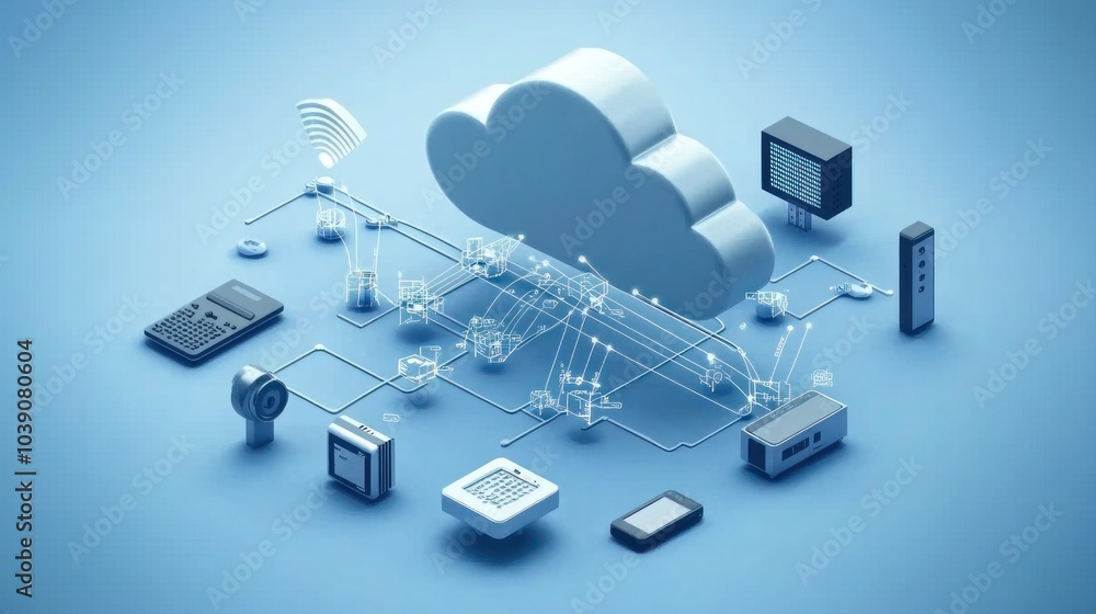 Poster a graphic representation of a cloud network featuring interconnected devices and services