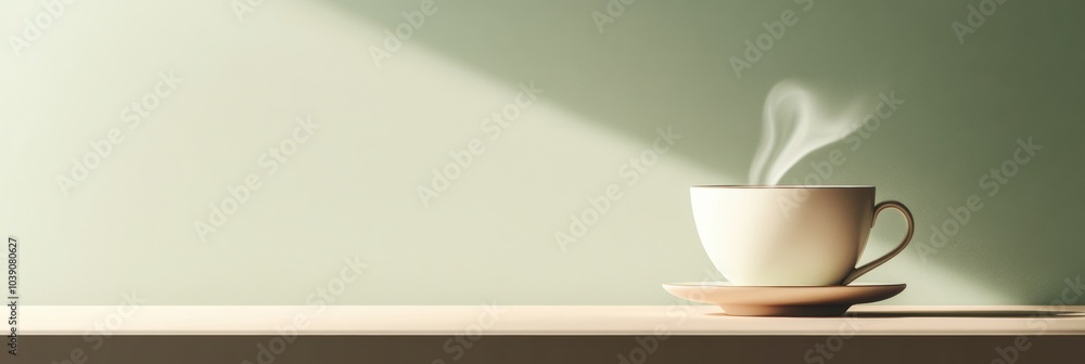 Poster a delicate tea cup emits smooth steam, illuminated by gentle sunlight in a tranquil setting, creatin