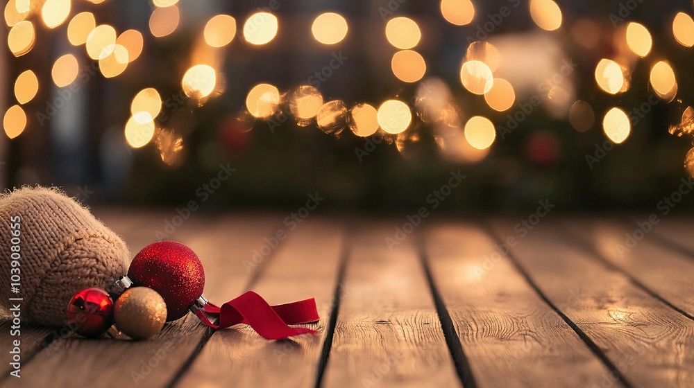 Poster   A pair of red and gold ornaments rests on a wooden floor in front of a lit Christmas tree