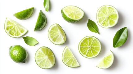 Top view of lime slices placed on a white background