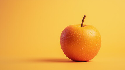 Orange Apple with Water Droplets on Yellow Background