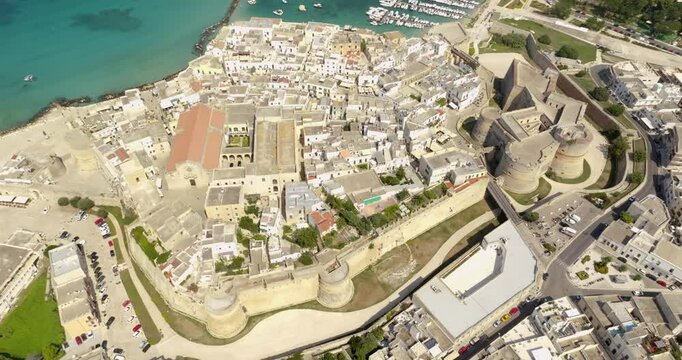 Panoramic aerial view of the Norman cathedral and castle in the historic center of Otranto in the province of Lecce, Salento, Puglia. Located on the Adriatic Sea, it is the easternmost city in Italy.