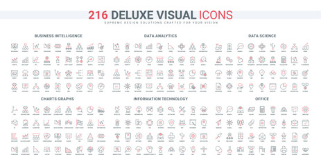 Business analytics, information technology for online communication, office line icon set. Chart and diagram arrows, science data report thin black and red outline symbols vector illustration