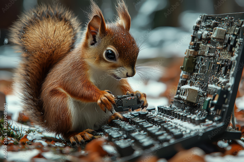 Poster a squirrel struggling to fix a broken computer reflects the anxiety of dealing with technology issue