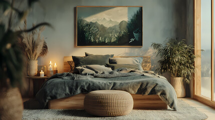 Serene Bedroom Sanctuary: A calming and stylish bedroom interior design, featuring a large landscape painting above the bed, natural textures, and a peaceful atmosphere.
