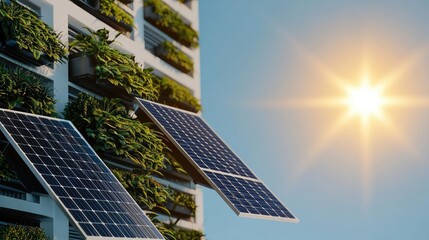 Obraz premium Solar panels on a green building under a clear blue sky, sun shining brightly.