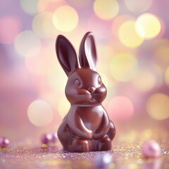 Chocolate Easter bunny on colorfull bokeh background, close up, space for text